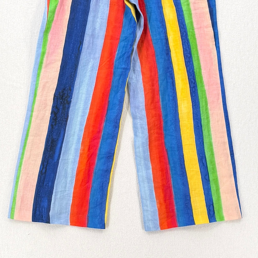 MARA HOFFMAN Rainbow Stripe Wide Leg Pants Women 4 Linen Tie Waist High Rise - Picture 9 of 15